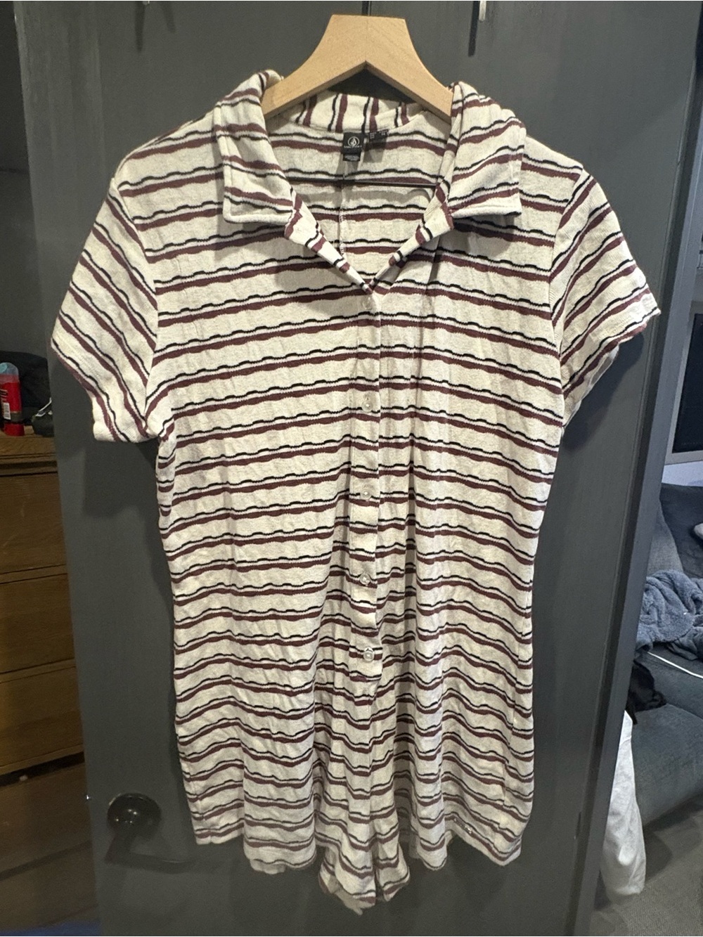 Volcom Striped Collared Short Sleeve Romper - White & Burgundy